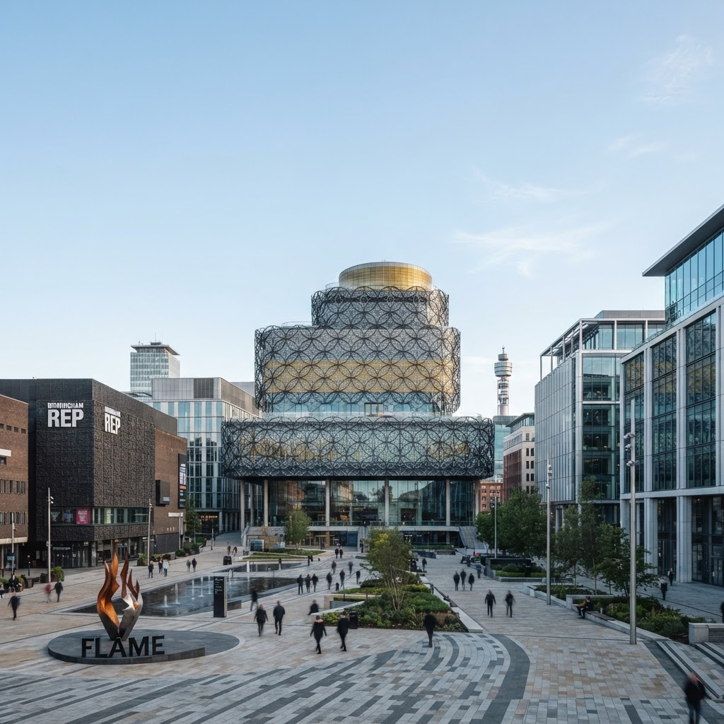 Modern architecture of Birmingham city centre around Centenary Square against a pale sky