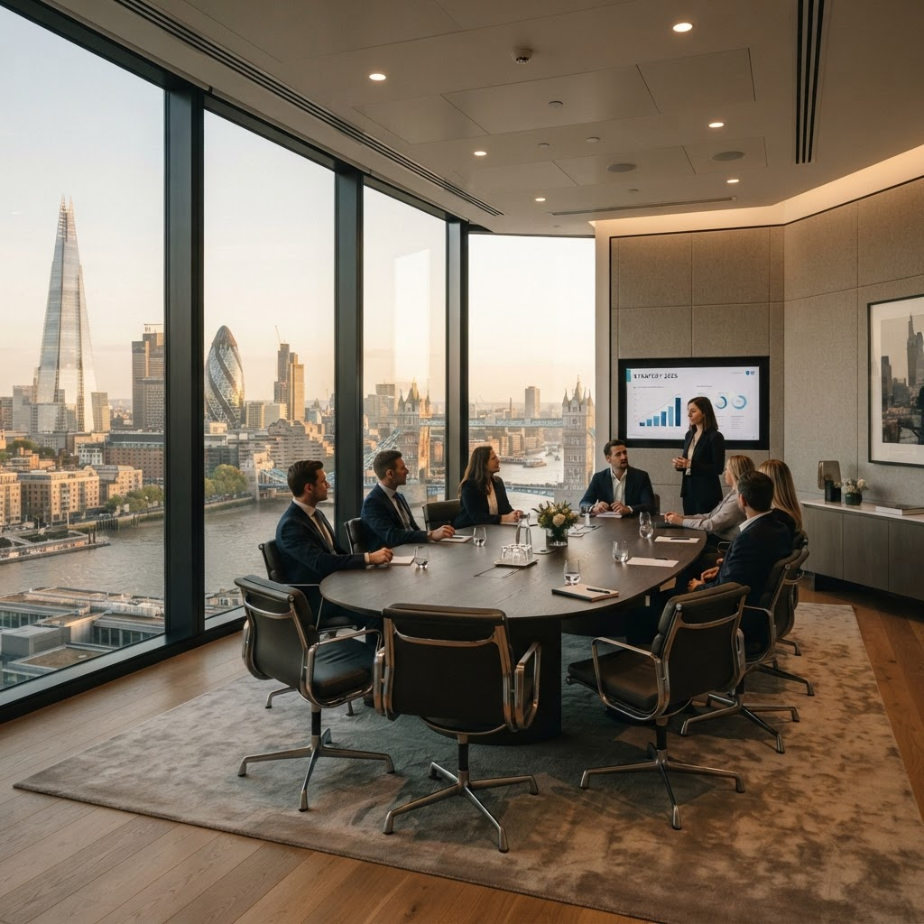 A sophisticated boardroom in a London high-rise overlooking the city