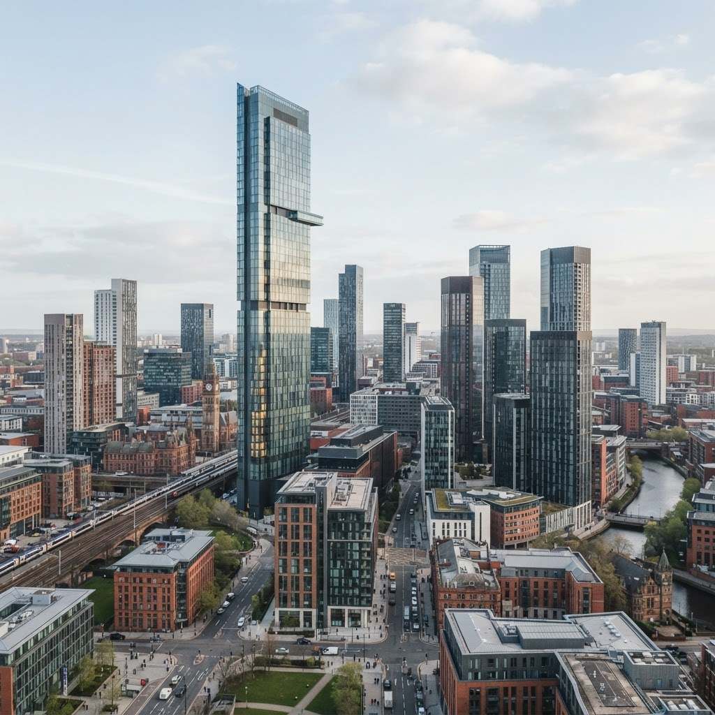 Manchester city centre skyline with modern skyscrapers against a soft sky